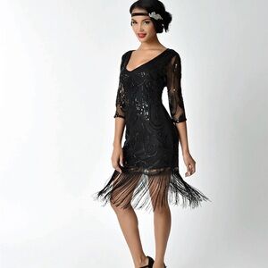 Unique Vintage 1920s Style Black Beaded and Sequined Long Sleeve Flapper Dress